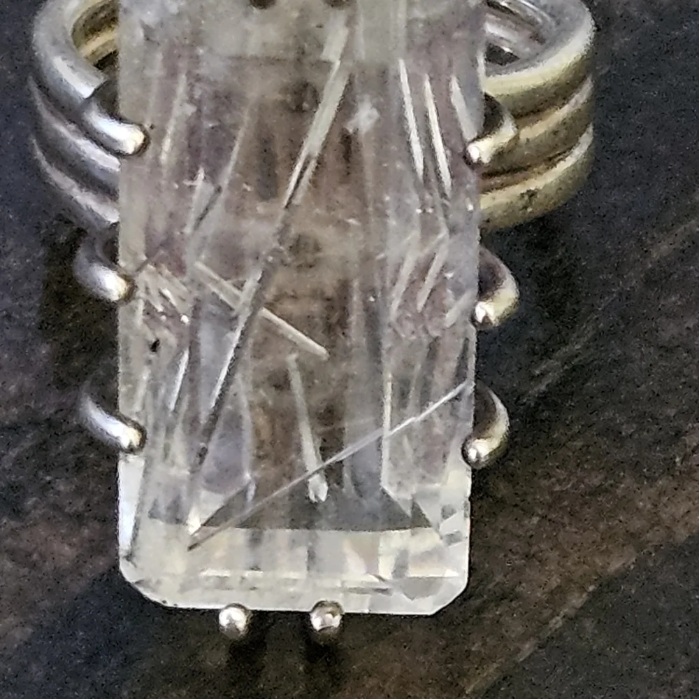 Vintage Huge Rutilated White Quartz Sterling Silver Ring - Picture 7 of 14